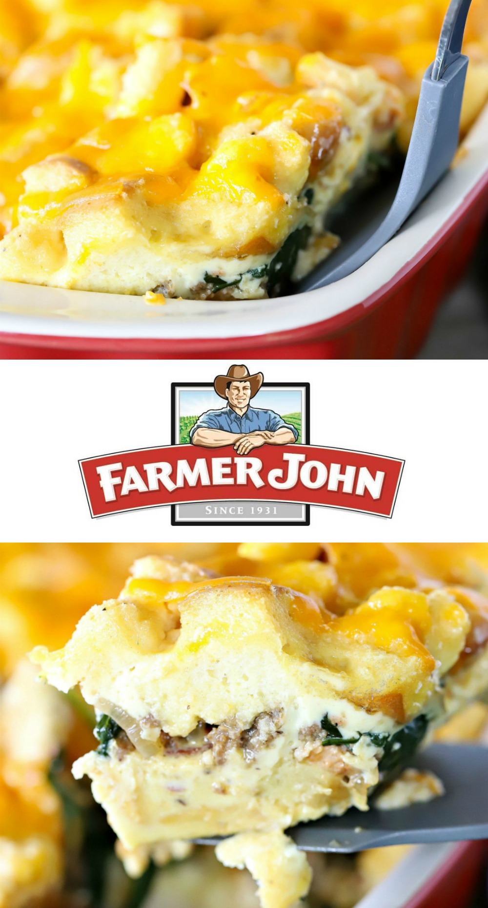 This egg strata recipe has a delicious egg & bread layer on the bottom and a layer of bacon, sausage, spinach & onion filling in the middle with another layer of bread and cheese on the top. This gorgeous casserole will impress your guests - whether it's for brunch, lunch or breakfast for dinner! #ad #sponsored #breakfast #recipe #strata #eggs #bacon #sausage #breakfastrecipe #yummy #delicious via @jennikolaus