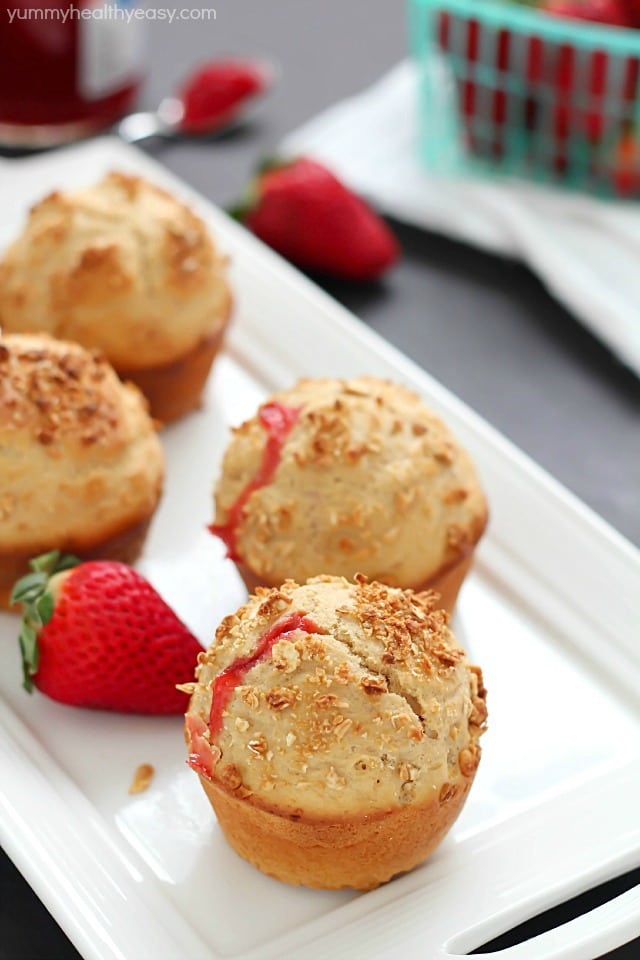 Simply delicious Strawberry Jam (filled) Breakfast Muffins. Make extras and freeze, then heat in the microwave for a few seconds for a quick breakfast!