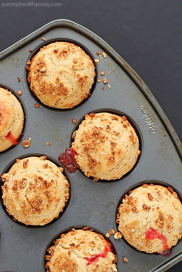 Simply delicious Strawberry Jam (filled) Breakfast Muffins. Make extras and freeze, then heat in the microwave for a few seconds for a quick breakfast!