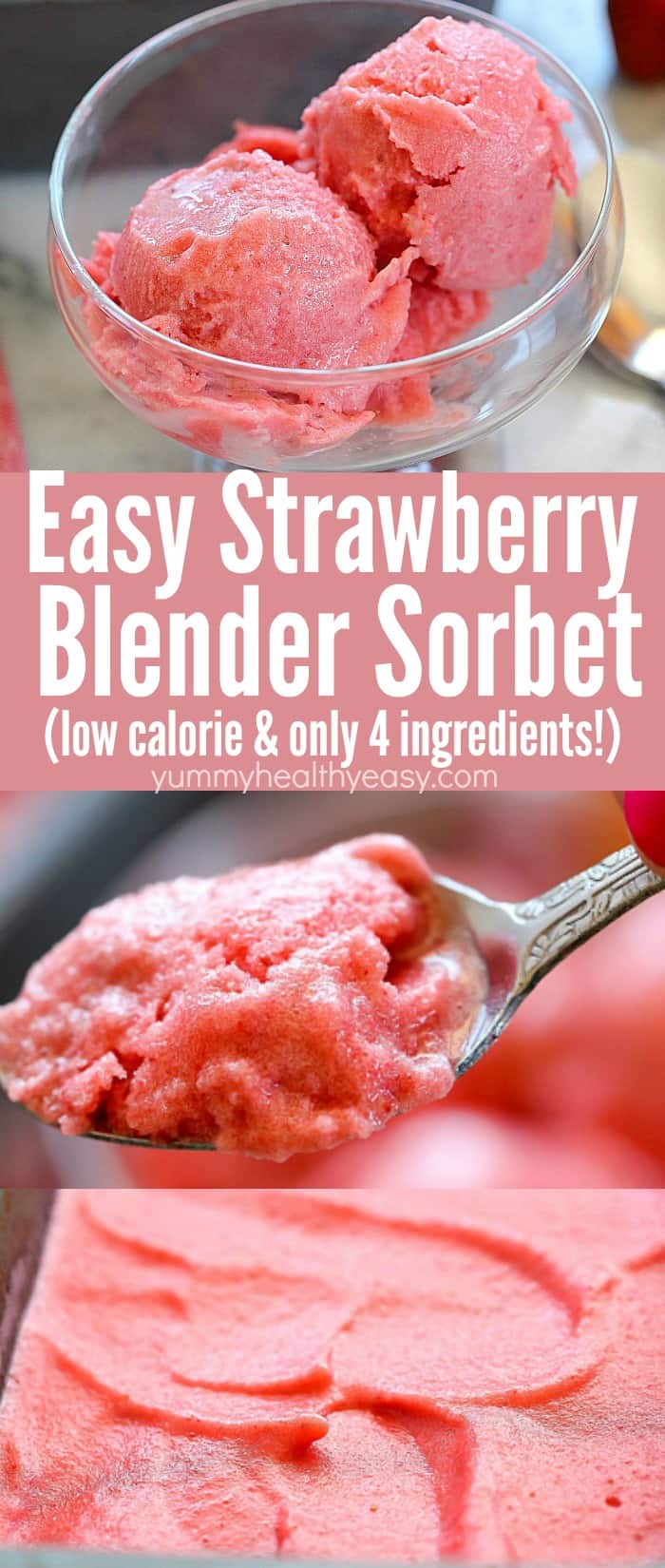 Get ready for a flavor explosion when you try this Easy Strawberry Sorbet Recipe! Only a few ingredients and a blender needed for this delicious, healthier summertime treat -only 21 calories per serving! #AD #sorbet #strawberry #summer #dessert #healthyrecipe #healthydessert via @jennikolaus