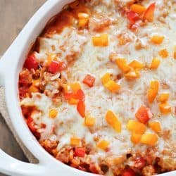 Casserole dish filled with deconstructed stuffed peppers.