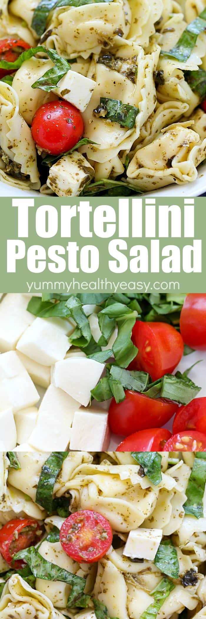 Need a new side dish idea? Try this Easy Tortellini Pesto Pasta Salad! It's simple to make and tastes amazing! Full of tortellini pasta, cherry tomatoes, mozzarella, basil and pesto - you can't go wrong! via @jennikolaus