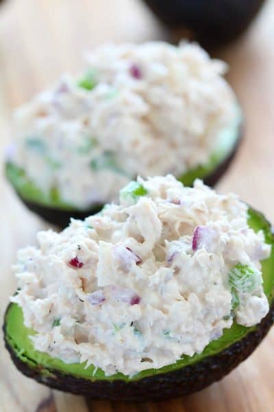 Keto Tuna Salad Stuffed Avocados aka Tuna Salad Boats with a crunchy secret ingredient!