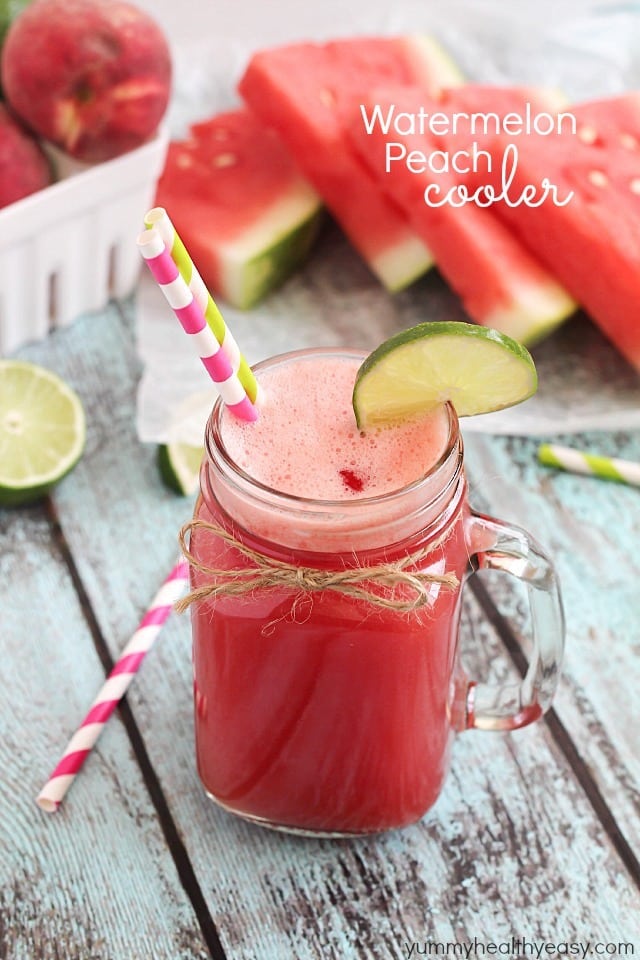 Watermelon Peach Cooler - delicious drink that's perfect for summertime! Easy Watermelon Peach Cooler - a delicious drink made from ripe peaches and watermelon then mixed with lemon-lime soda. Refreshing, healthy and easy!