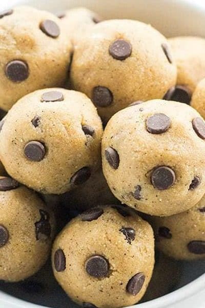 White bowl on a white background filled with delicious looking Low Carb Keto Protein Cookie Dough Bites - 43 healthy recipe ideas!