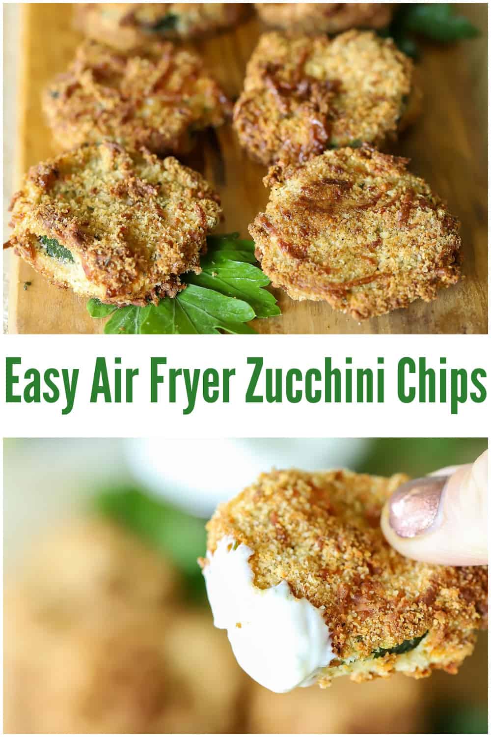 Easy Air Fryer Zucchini Chips are the perfect snack or side dish. Serve with a healthy Greek yogurt and ranch dipping sauce, and you won't stop snacking on them! #airfryer #appetizer #snack #zucchini #healthyrecipe #healthy via @jennikolaus