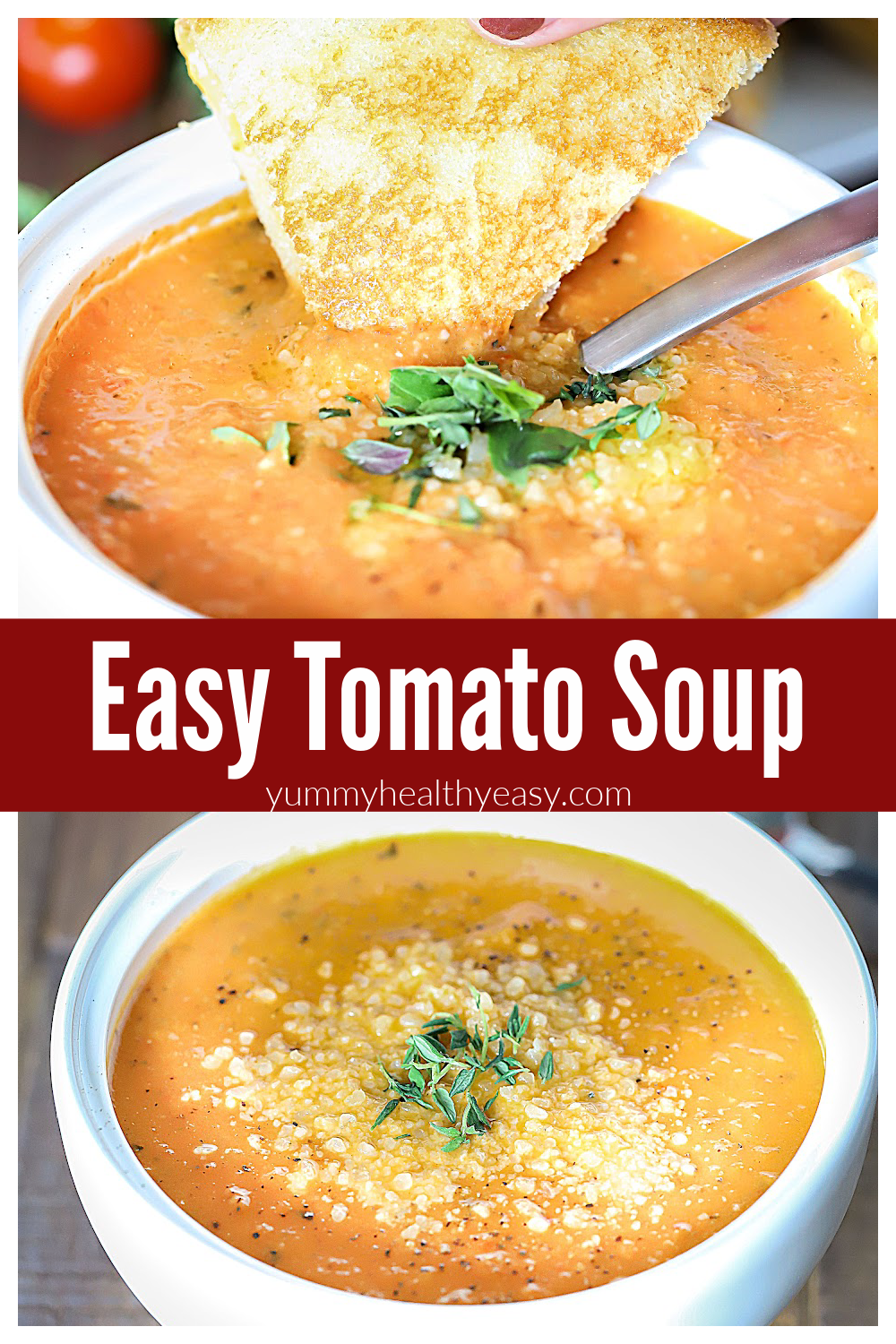 This is the Easiest Tomato Soup Recipe you'll ever make! Tomatoes, bell peppers, onion, garlic and spices are roasted and then blended up to make a delicious, easy soup that everyone will love. It's the perfect side dish to a grilled cheese sandwich! #soup #dinner #healthy #yummy #tomato #vegetables via @jennikolaus