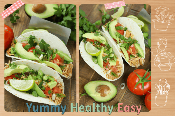 Side by side photos of two taco shells filled with slow cooker taco chicken and topped with avocado, tomato and green onions.